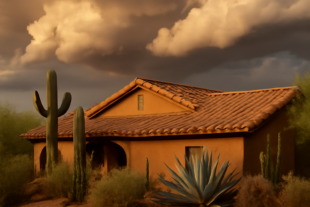 Natural Scottsdale home roof under looming monsoon storm clouds, illustrating the importance of a roof tune-up before storm season.