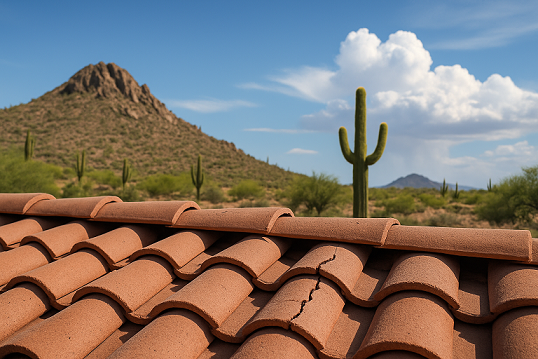 Professional roofer repairing tile roof in Scottsdale, Arizona under sunny skies