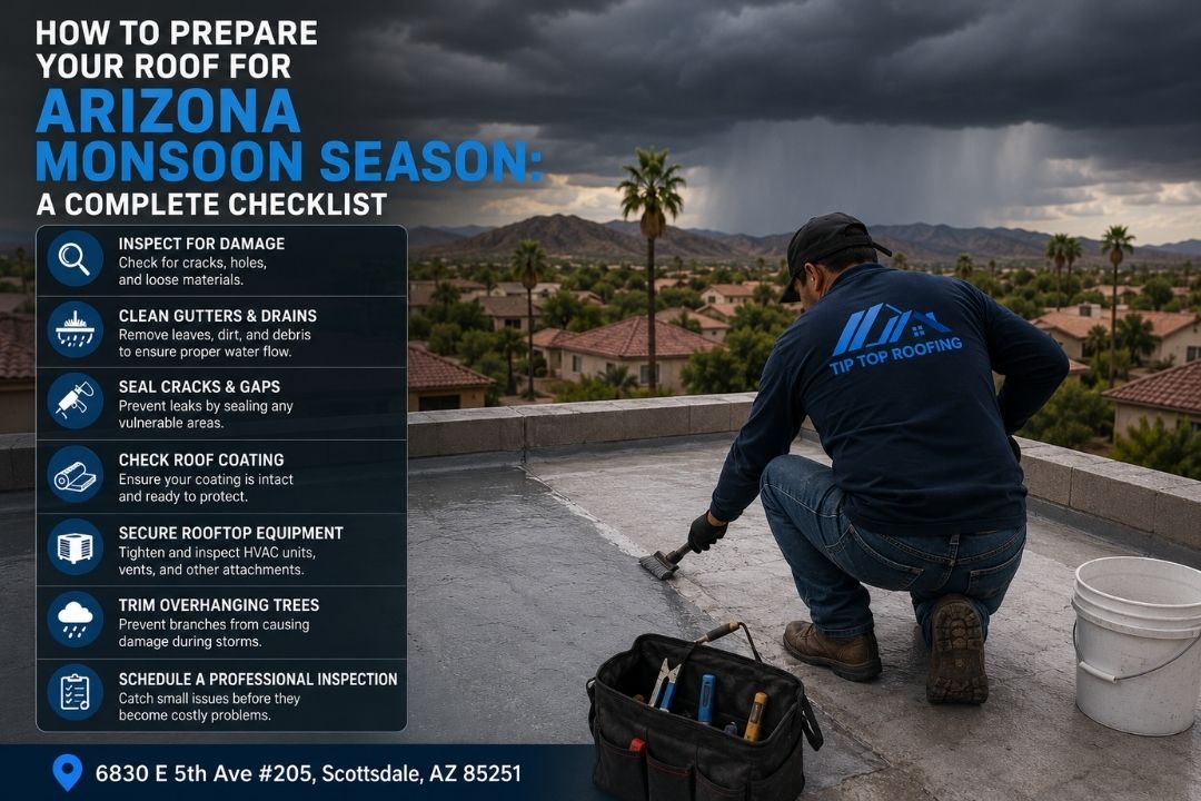 A detailed post-monsoon roof inspection checklist for Scottsdale homeowners, covering tile, shingle, and flat roofs, hidden damage signs, and insurance steps.