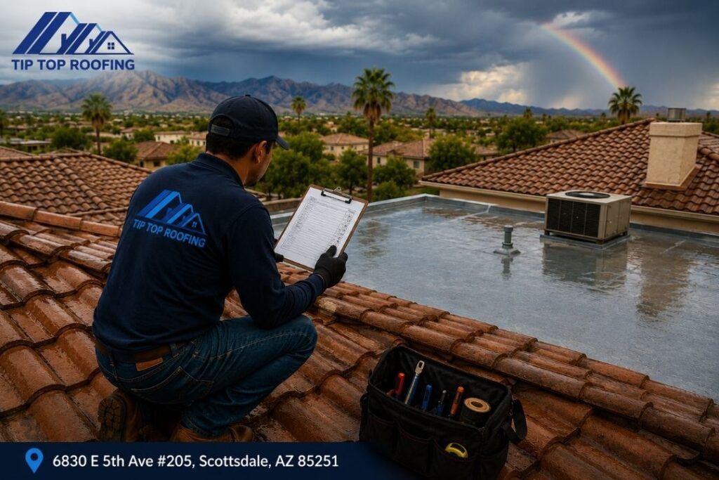 A detailed post-monsoon roof inspection checklist for Scottsdale homeowners, covering tile, shingle, and flat roofs, hidden damage signs, and insurance steps.