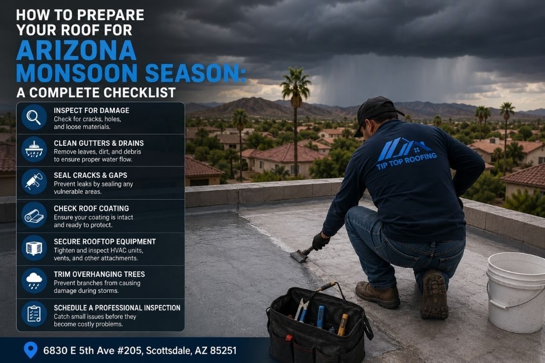 A detailed post-monsoon roof inspection checklist for Scottsdale homeowners, covering tile, shingle, and flat roofs, hidden damage signs, and insurance steps.