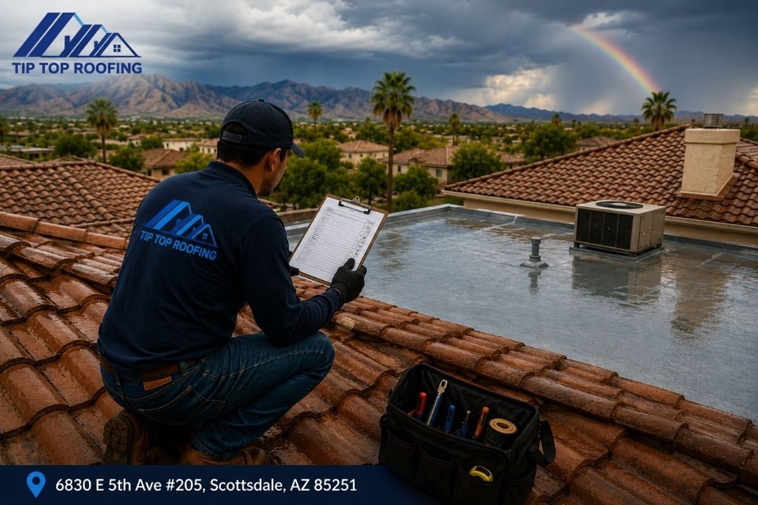 A detailed post-monsoon roof inspection checklist for Scottsdale homeowners, covering tile, shingle, and flat roofs, hidden damage signs, and insurance steps.