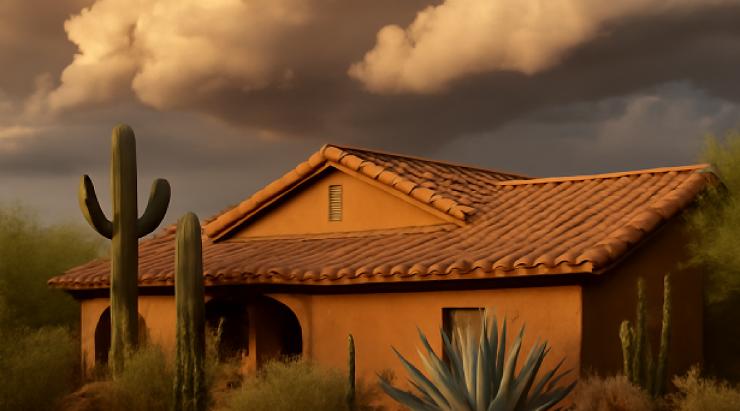 Natural Scottsdale home roof under looming monsoon storm clouds, illustrating the importance of a roof tune-up before storm season.