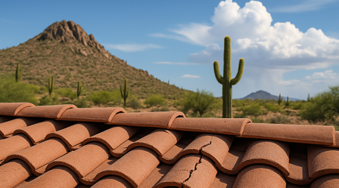 Professional roofer repairing tile roof in Scottsdale, Arizona under sunny skies